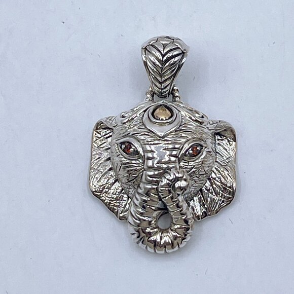 John Hardy (Jai) Sterling Silver & 14K Gold Elephant Pendant With Garnet Eyes In - Picture 6 of 7
